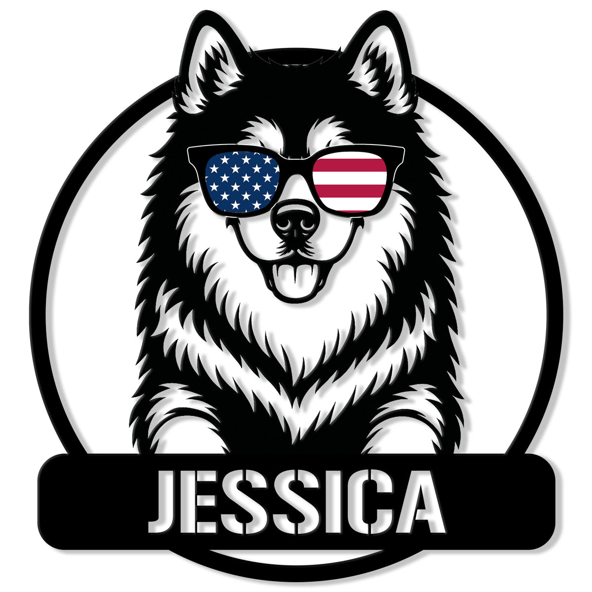 Alaskan Malamute metal sign featuring a cheerful dog portrait wearing American flag sunglasses