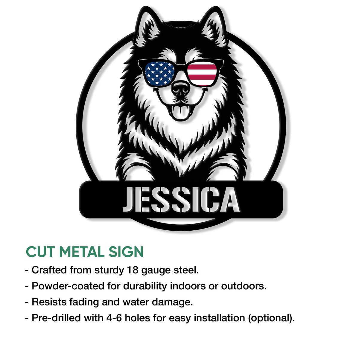 Alaskan Malamute metal sign feature graphic showing the circular dog design and cut metal sign details