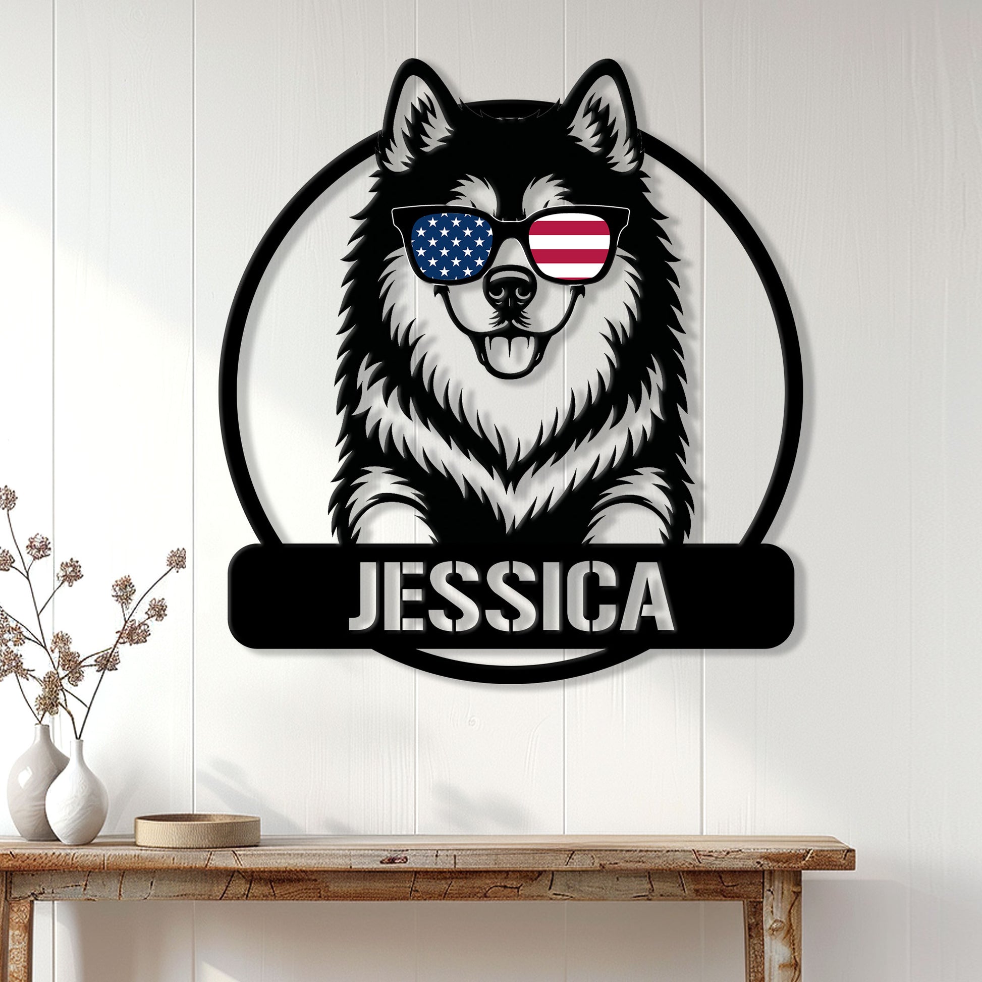 Alaskan Malamute wall sign displayed above a console table in a bright home interior