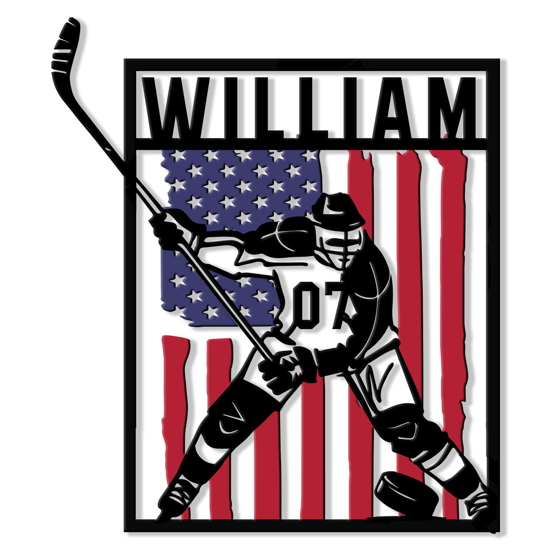 Custom hockey metal sign featuring an ice hockey player and stick against a patriotic American flag design