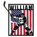 Custom hockey metal sign featuring an ice hockey player and stick against a patriotic American flag design