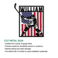 Hockey player metal sign shown with a patriotic flag backdrop in a product feature presentation