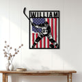 Patriotic hockey metal sign displayed as wall decor in a bright home interior