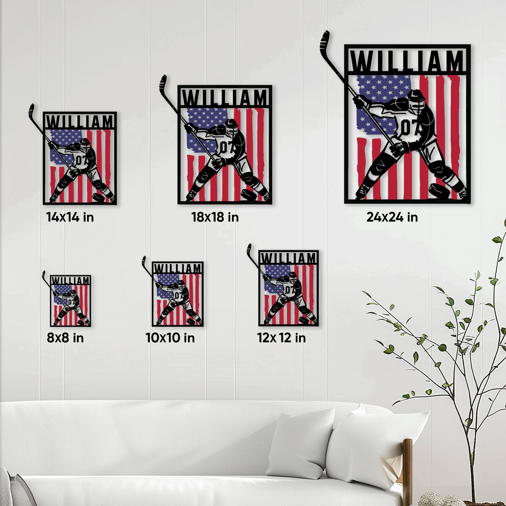 Hockey metal sign size guide showing multiple square size options for wall display