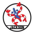 Custom Puerto Rico metal sign featuring a colorful coquí frog design in red, white, blue, and black