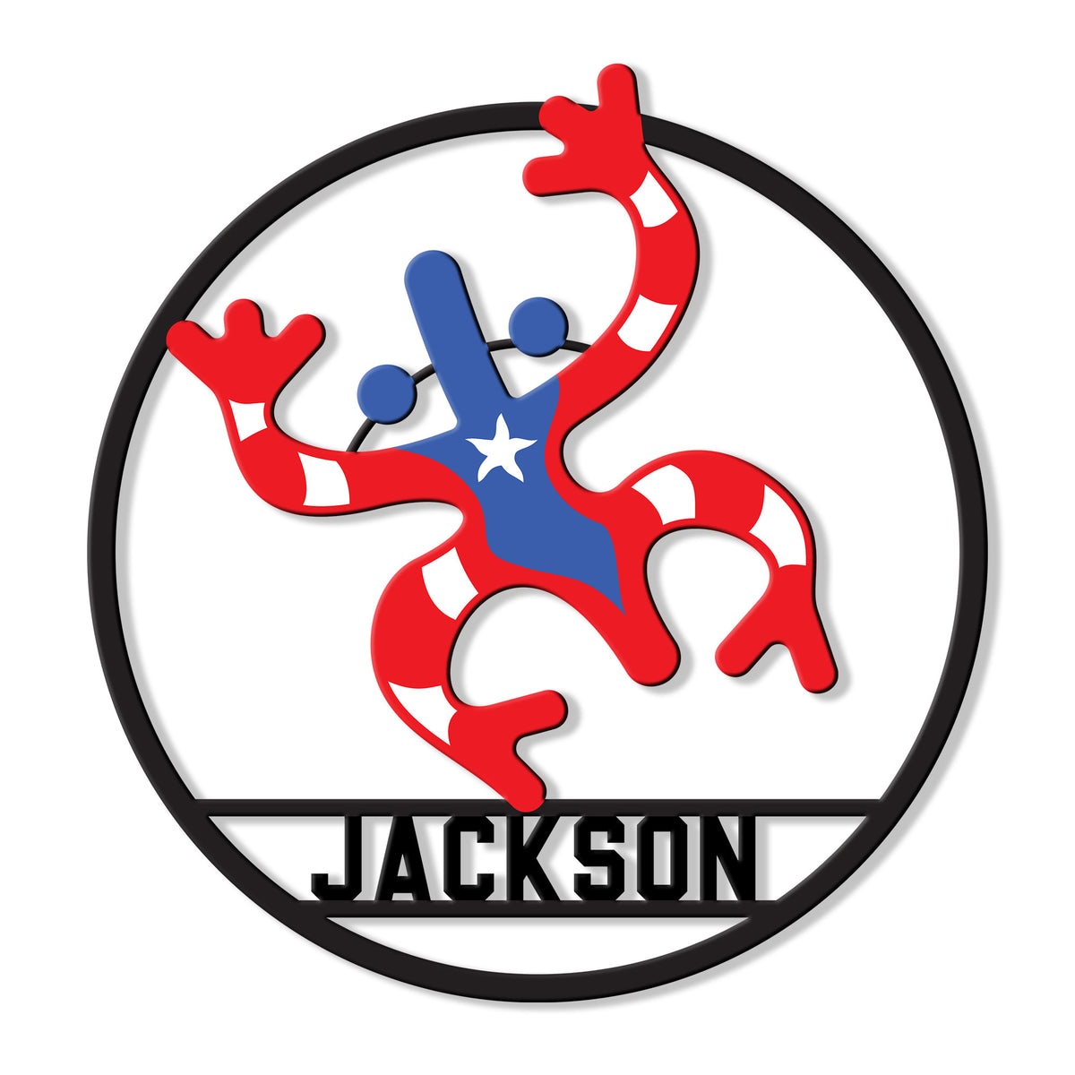 Custom Puerto Rico metal sign featuring a colorful coquí frog design in red, white, blue, and black