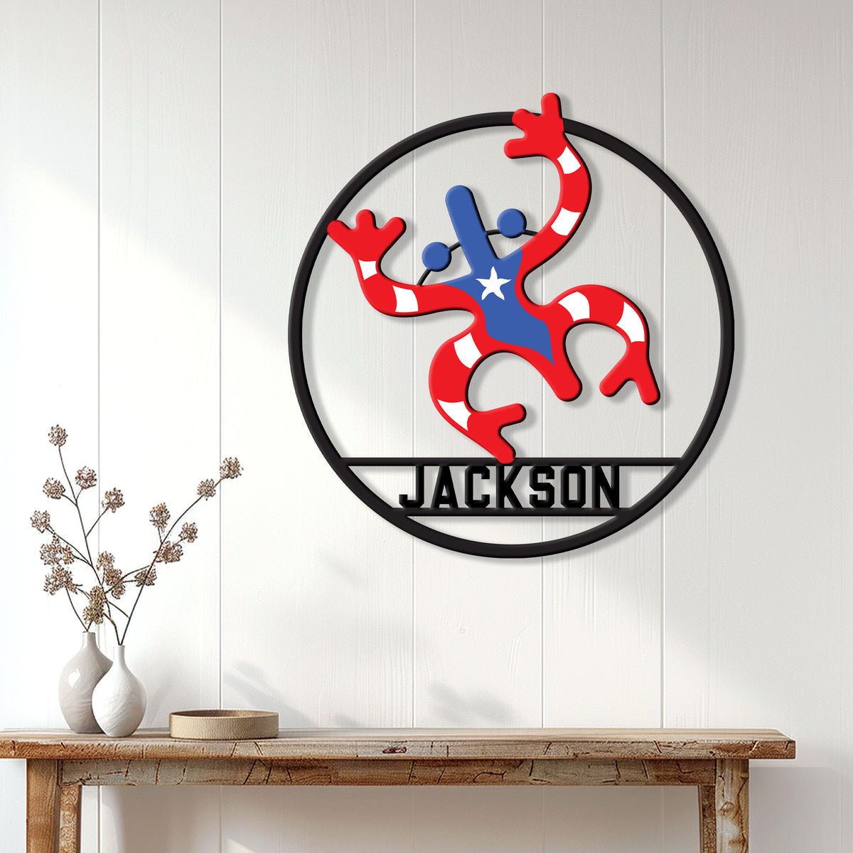 Puerto Rico coquí wall sign displayed on a white paneled wall above a rustic console table