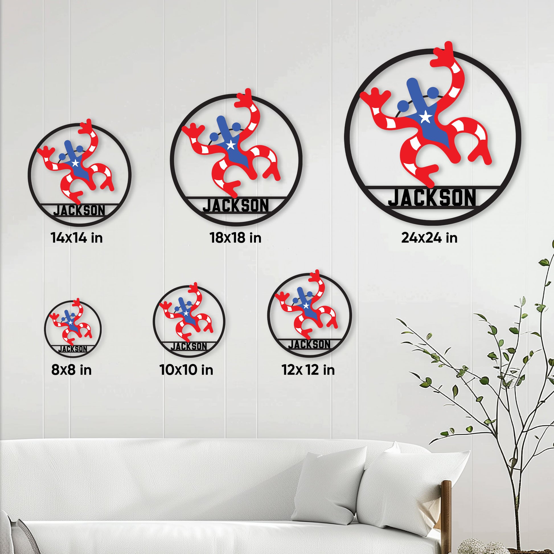 Puerto Rico coquí metal sign shown in multiple size options above a living room sofa