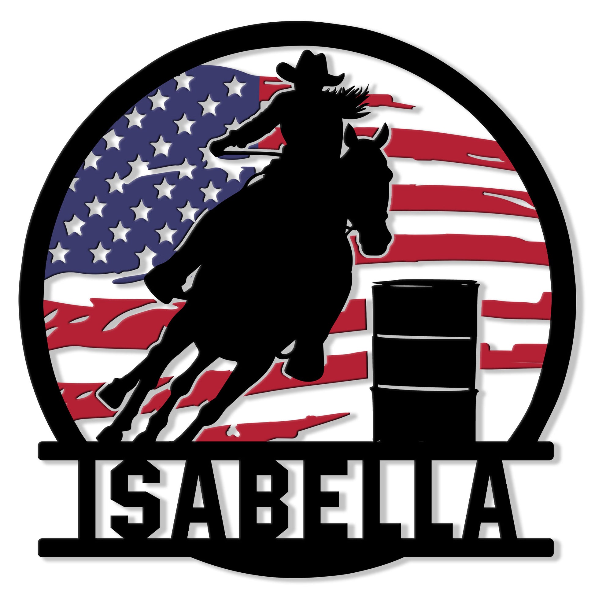 Rodeo metal sign featuring a cowboy riding a bucking horse against an American flag backdrop