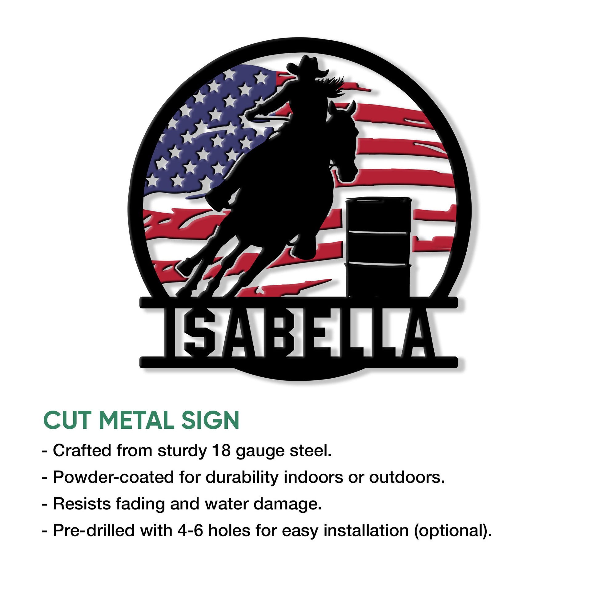 Rodeo cut metal sign shown in a product feature graphic with a cowboy, horse, barrel, and flag design