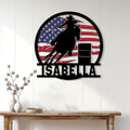 Rodeo wall sign displayed above a console table, featuring a cowboy on horseback with an American flag background