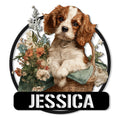 Cavalier King Charles Spaniel metal sign featuring a floral basket portrait in a round frame