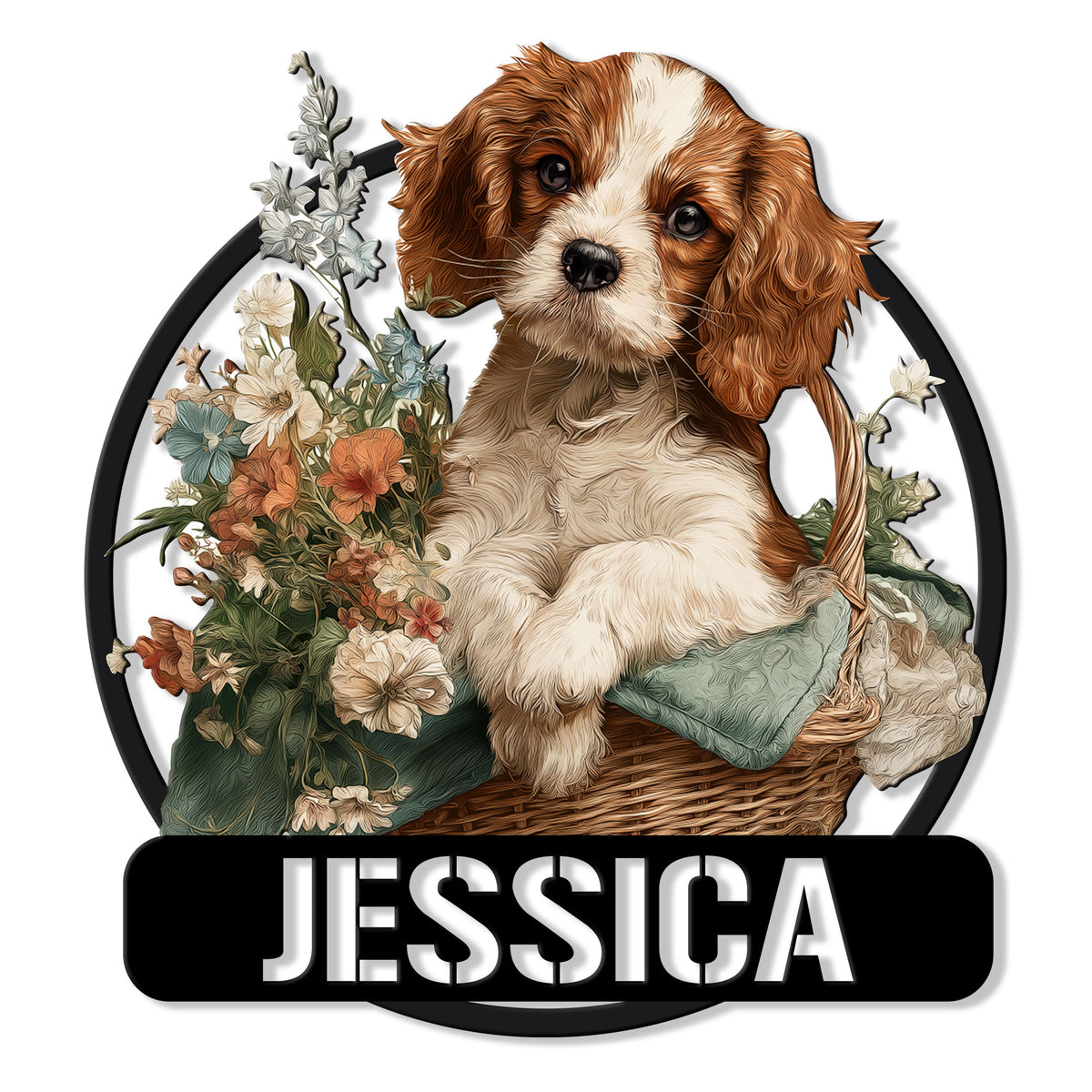 Cavalier King Charles Spaniel metal sign featuring a floral basket portrait in a round frame