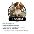 Cavalier King Charles Spaniel cut metal sign shown with product feature details