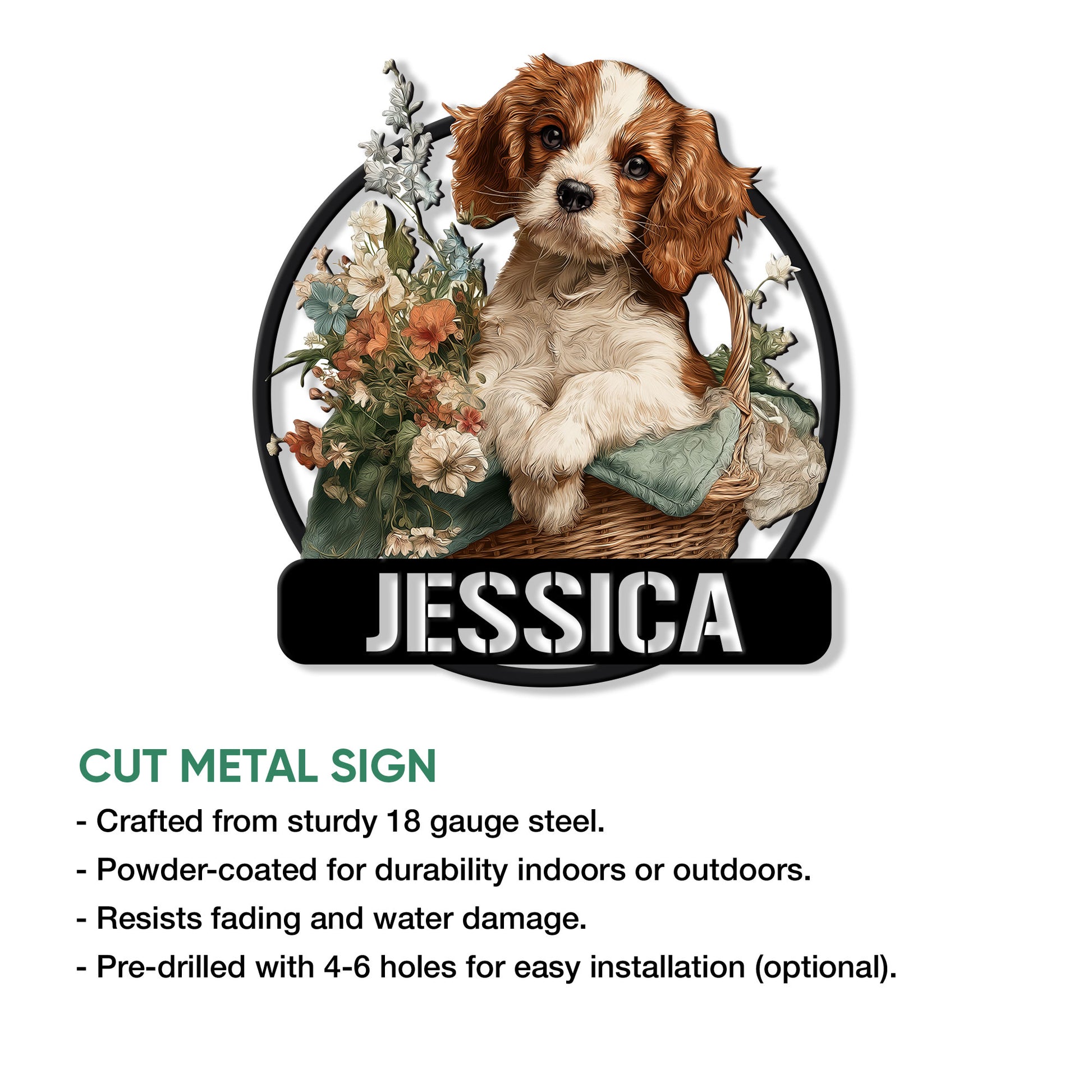 Cavalier King Charles Spaniel cut metal sign shown with product feature details