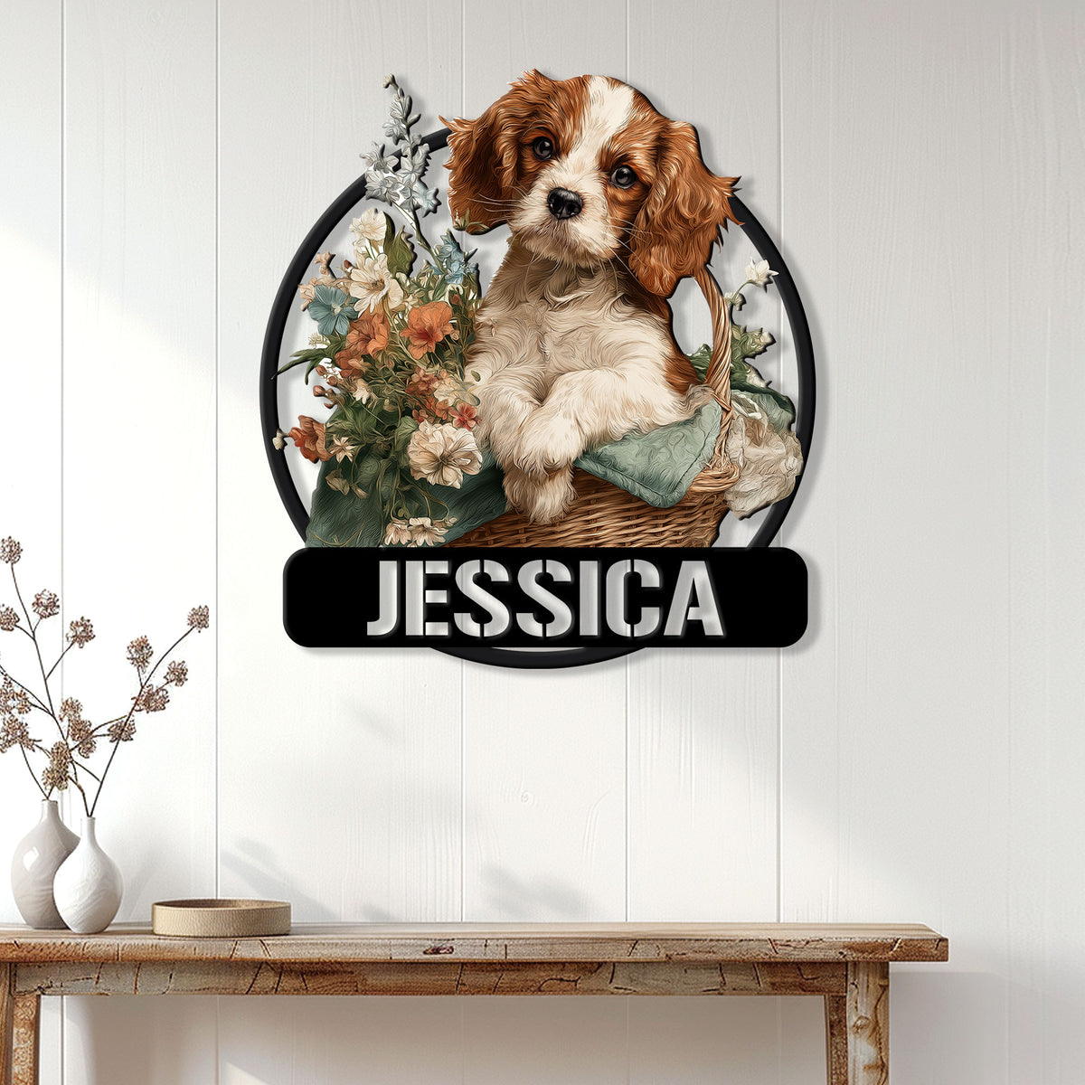 Cavalier King Charles Spaniel floral metal sign displayed on a light wood-paneled wall