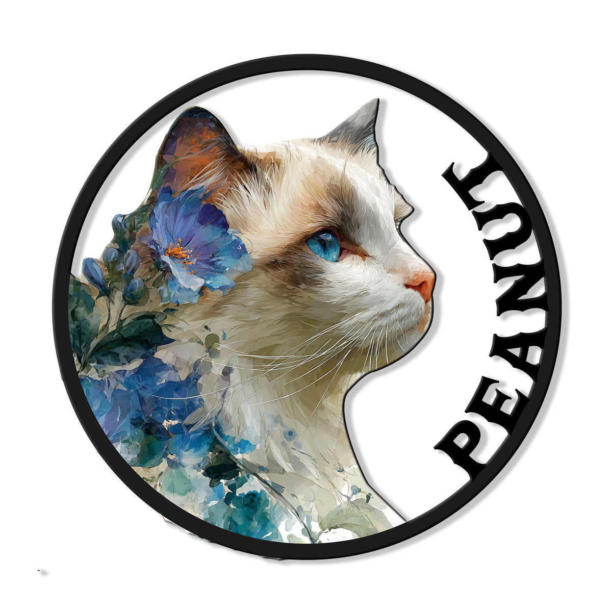 Floral Ragdoll cat portrait metal sign with bright blue eyes and a circular black border