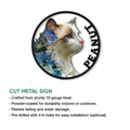 Ragdoll cat metal sign shown in a product feature graphic with a circular cut-metal design