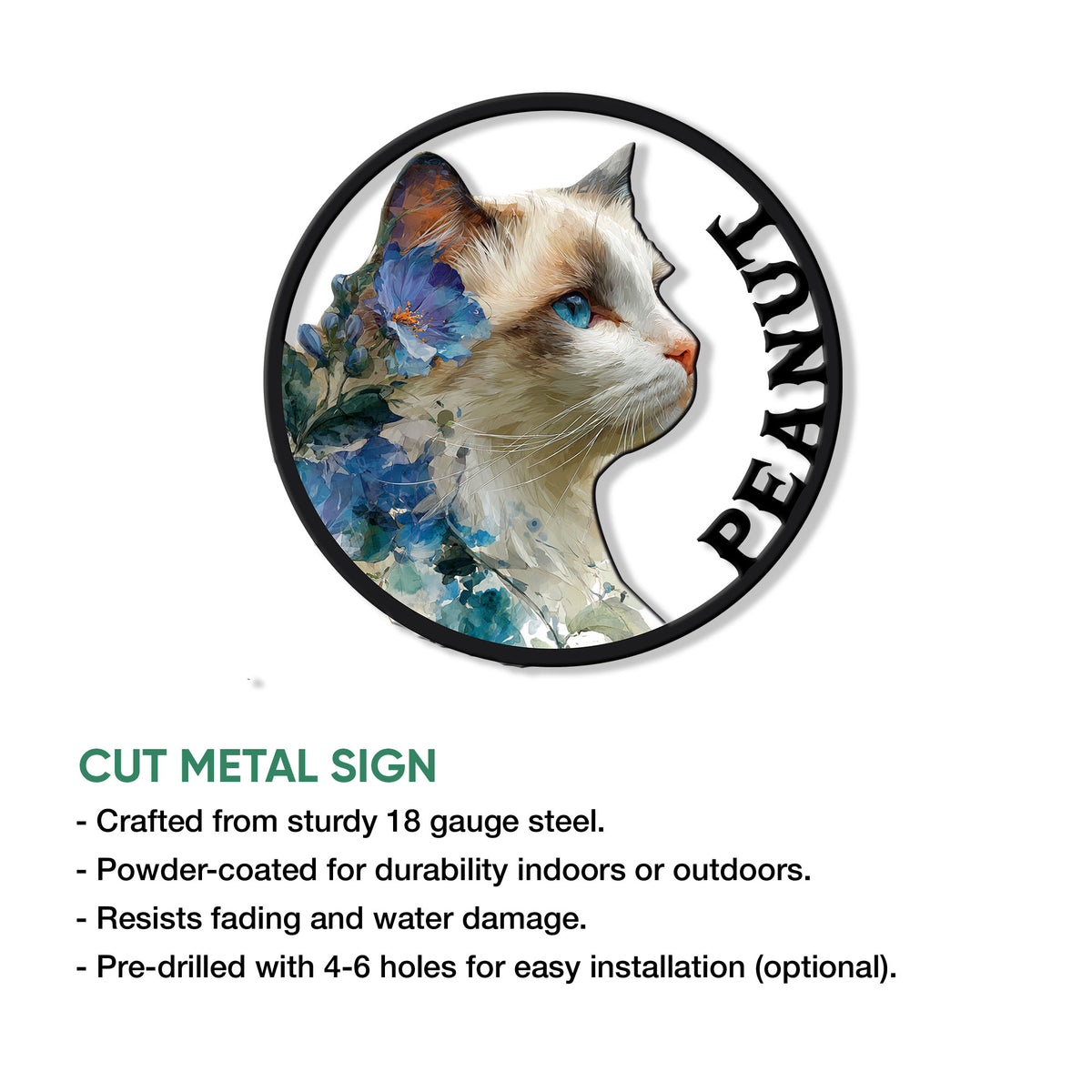 Ragdoll cat metal sign shown in a product feature graphic with a circular cut-metal design