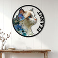 Floral Ragdoll cat wall sign displayed on a white paneled wall above a wooden console
