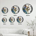 Ragdoll cat metal sign size guide showing several circular size options in a living room setting