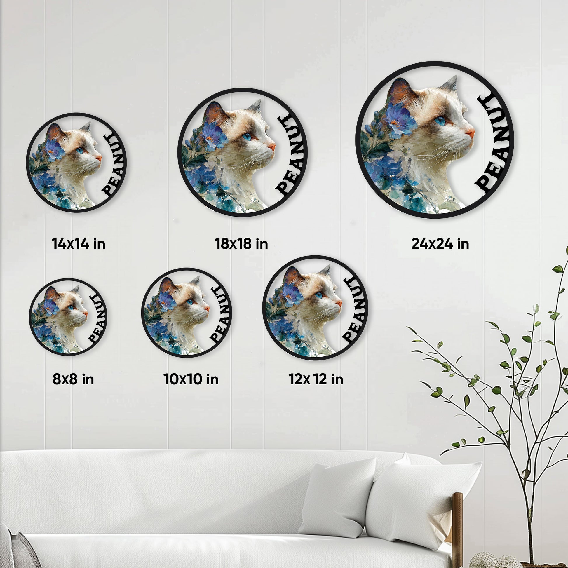 Ragdoll cat metal sign size guide showing several circular size options in a living room setting