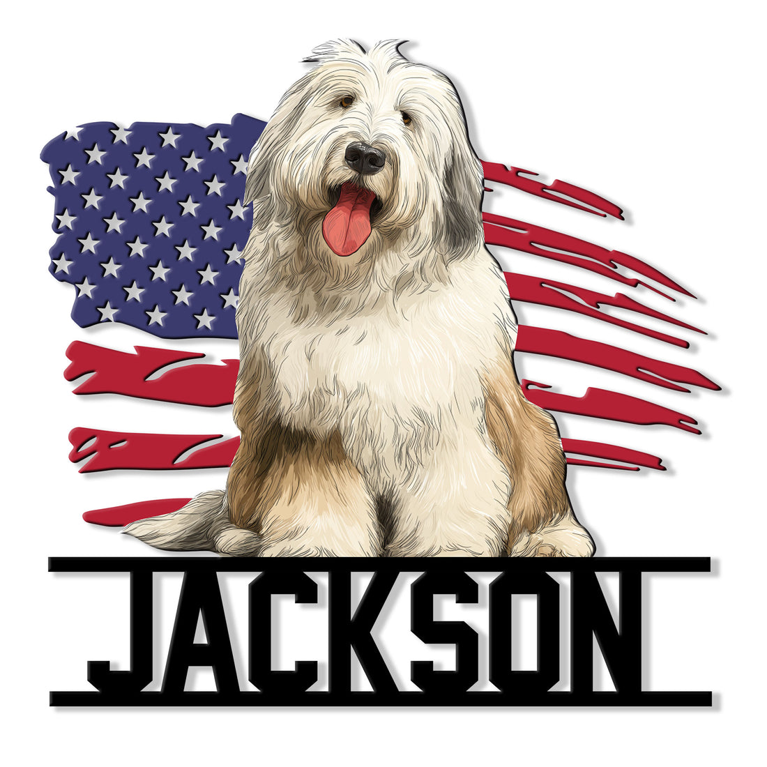 Old English Sheepdog metal sign featuring a shaggy dog portrait over a distressed American flag design