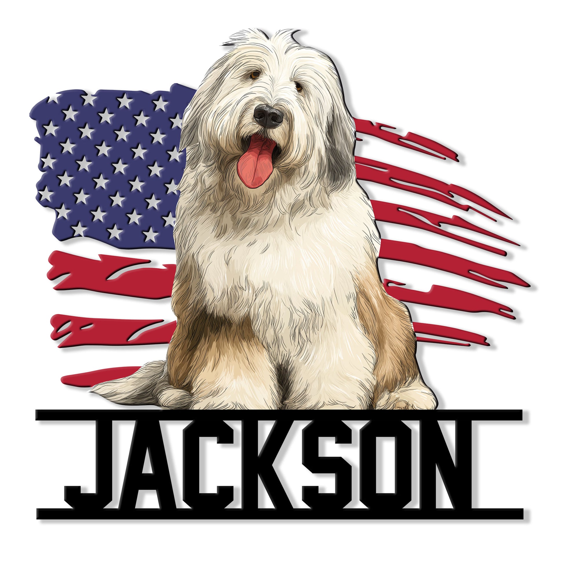Old English Sheepdog metal sign featuring a shaggy dog portrait over a distressed American flag design