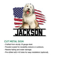 Patriotic Old English Sheepdog metal sign shown as a cut metal wall decoration with bold lettering