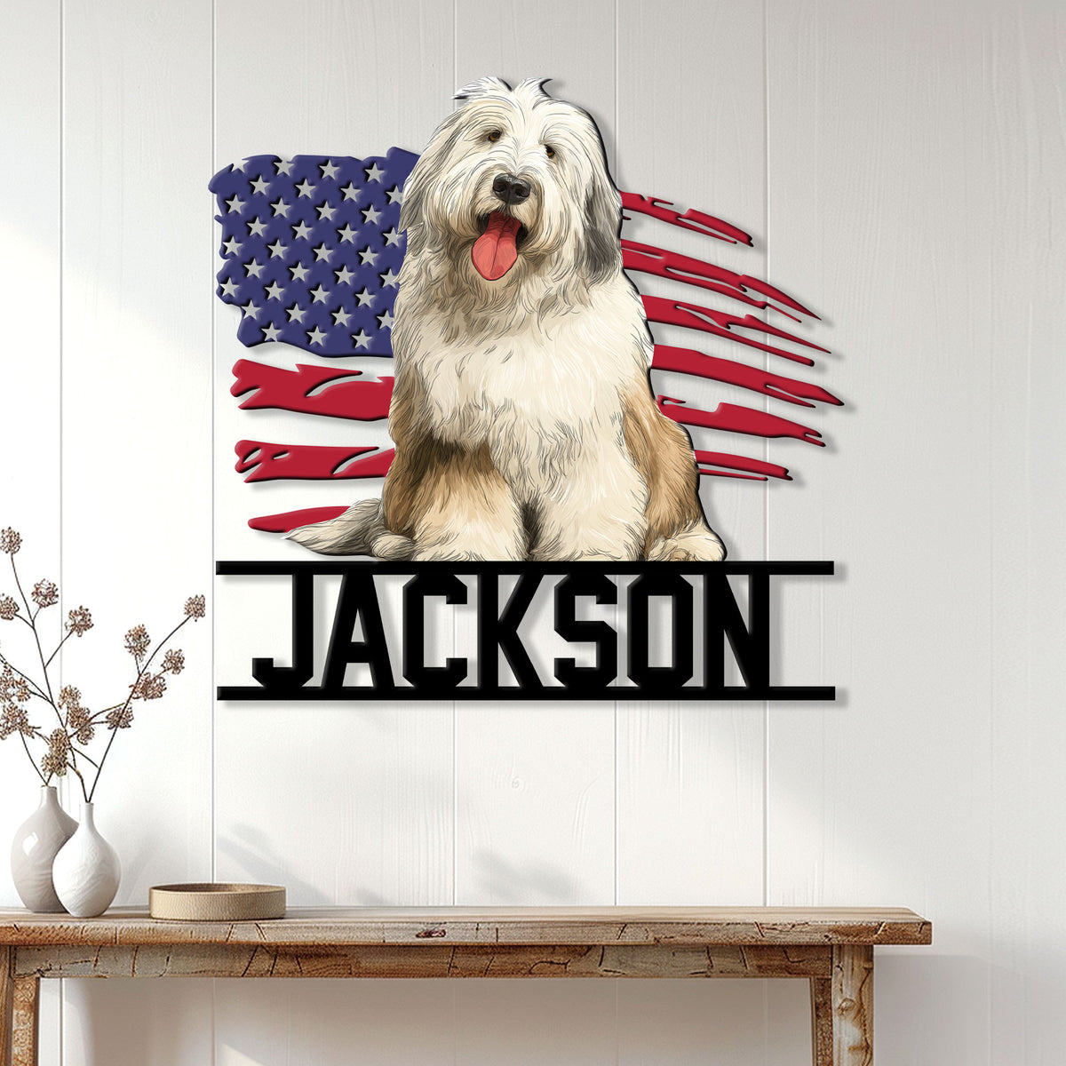 Old English Sheepdog wall sign displayed on a white paneled wall above a console table