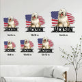 Old English Sheepdog metal sign size guide showing six square size options in a living room