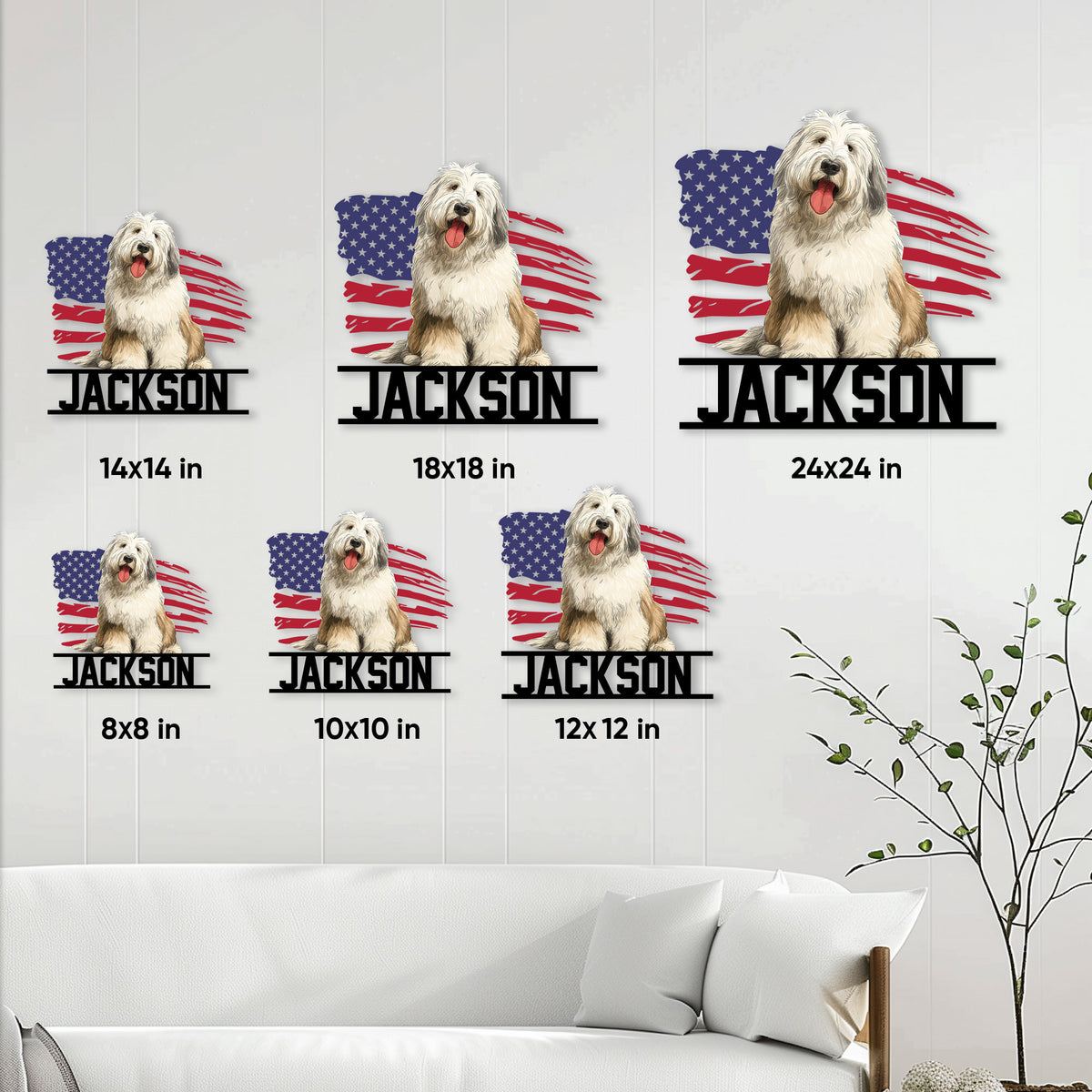 Old English Sheepdog metal sign size guide showing six square size options in a living room