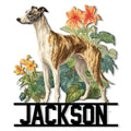 Botanical Greyhound metal sign featuring a brindle dog surrounded by tropical flowers and leafy greenery