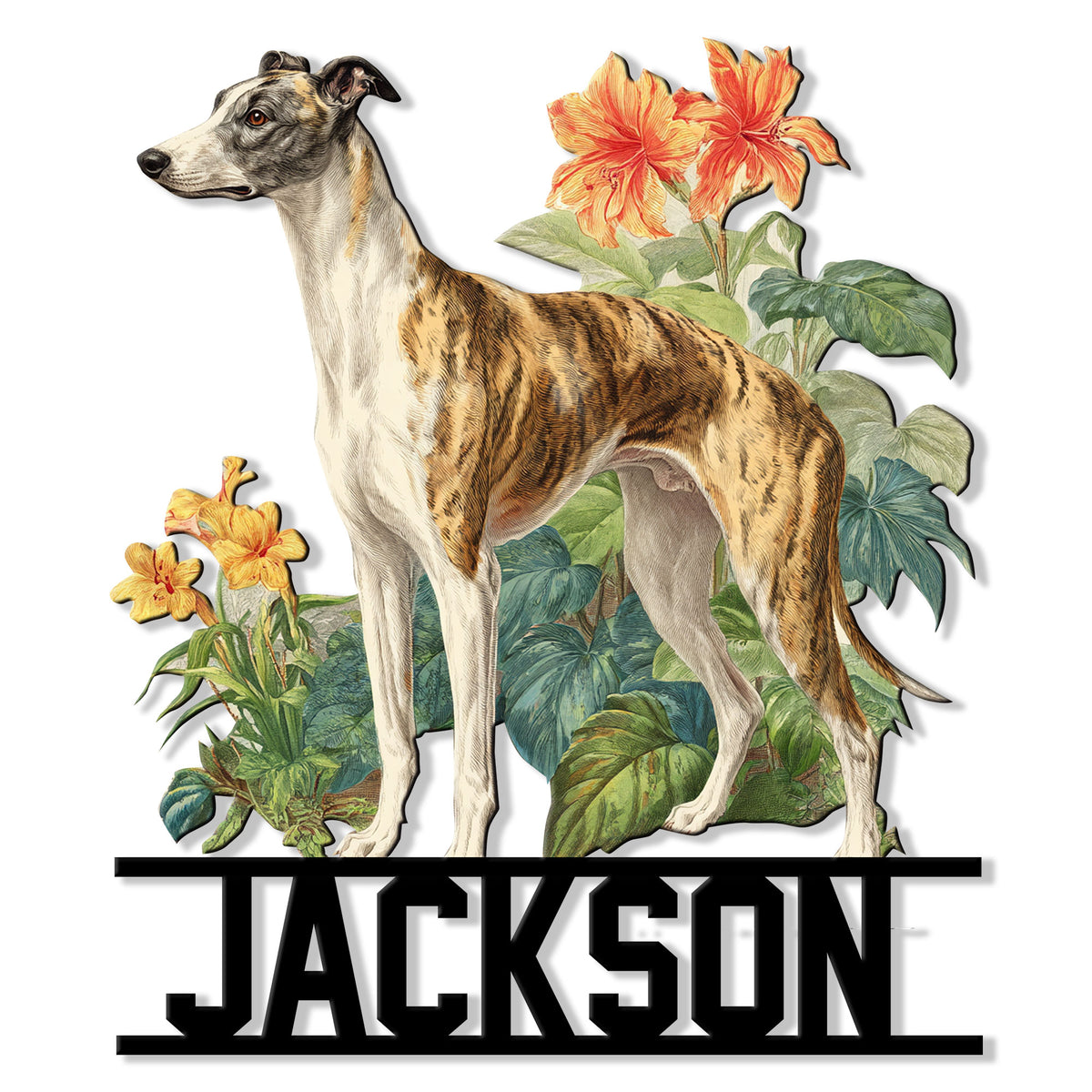 Botanical Greyhound metal sign featuring a brindle dog surrounded by tropical flowers and leafy greenery