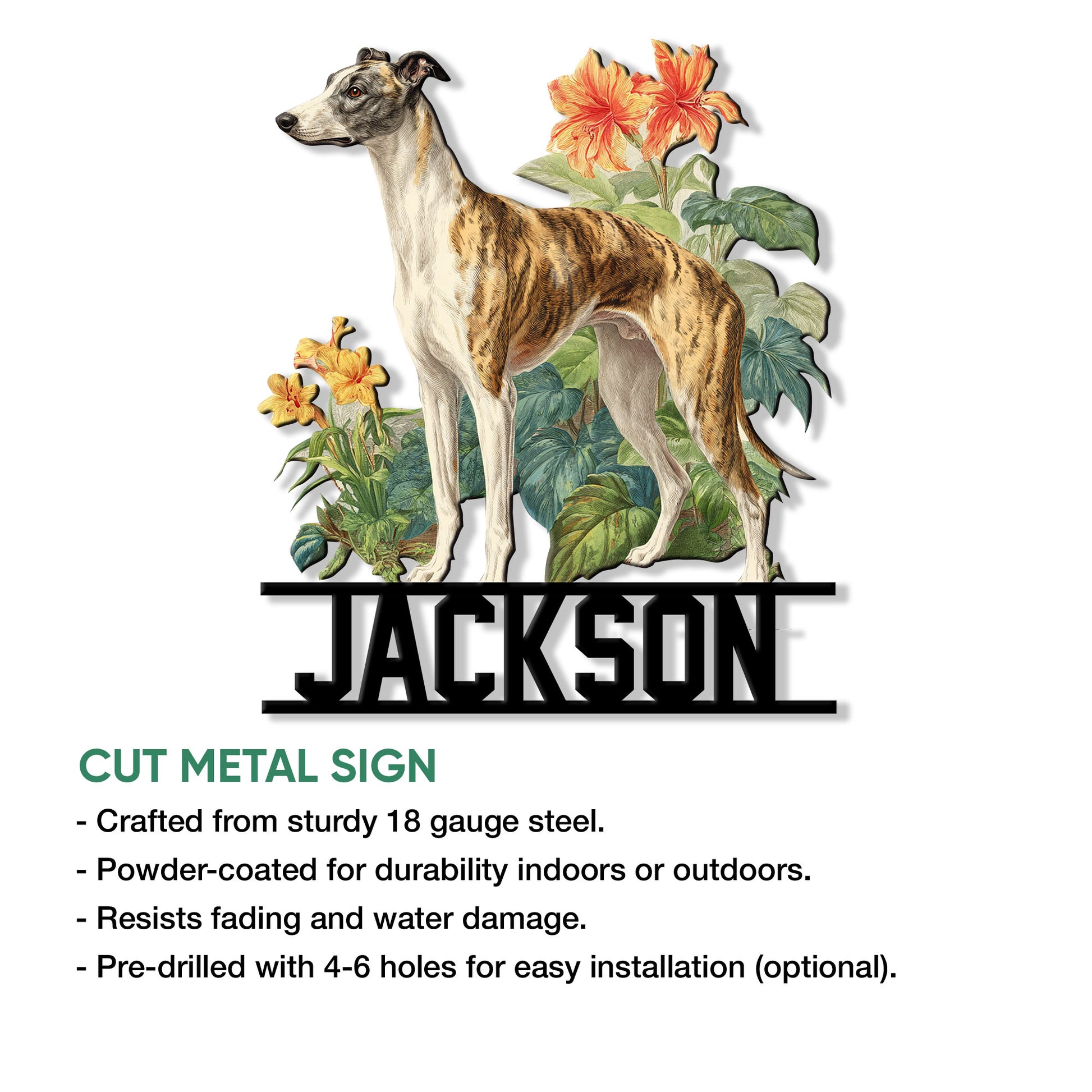Cut metal Greyhound sign with a vintage botanical dog portrait and decorative floral foliage