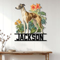 Botanical Greyhound wall sign displayed on a light wood-paneled wall above a console table