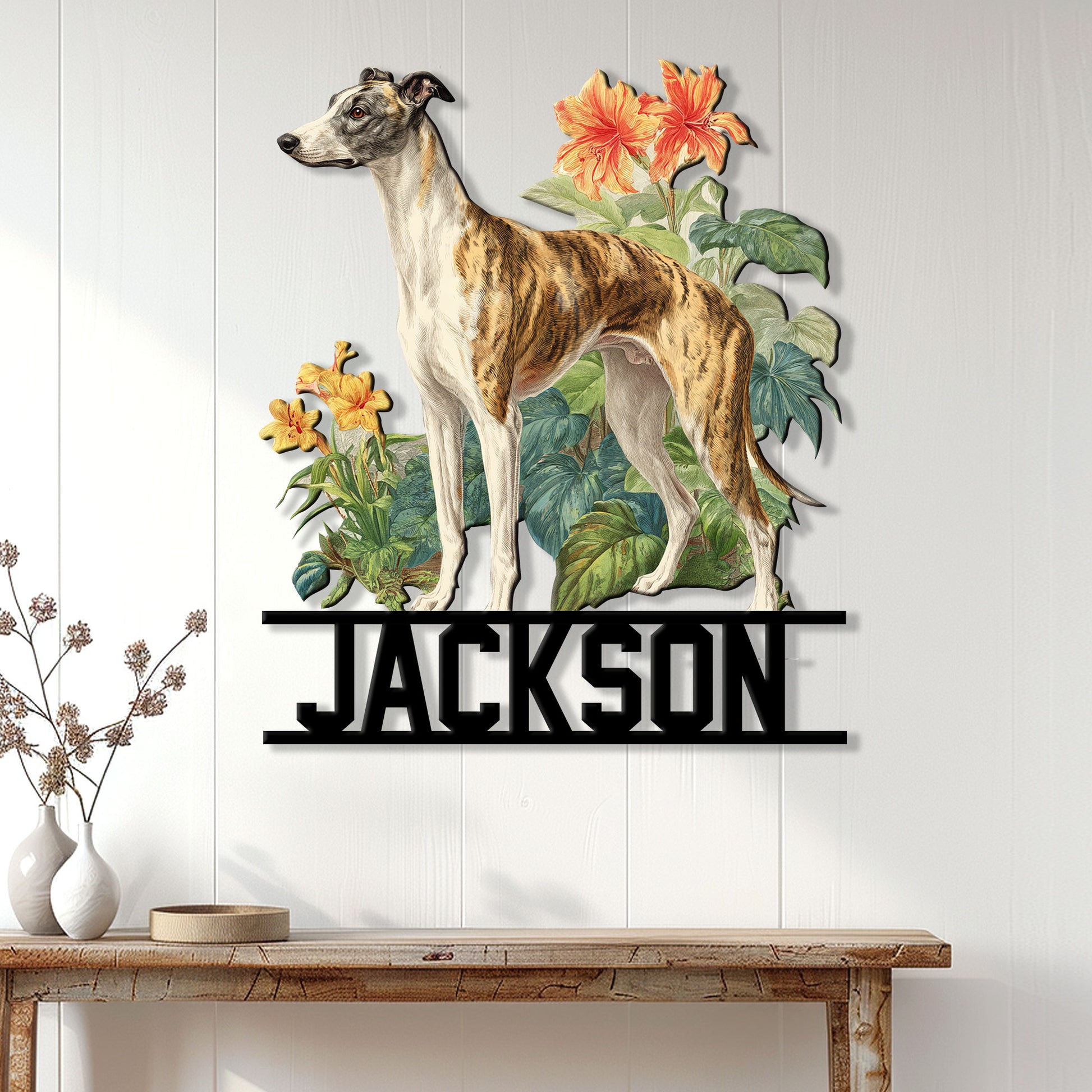 Botanical Greyhound wall sign displayed on a light wood-paneled wall above a console table