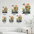 Greyhound metal sign size guide showing six square size options in a home interior setting