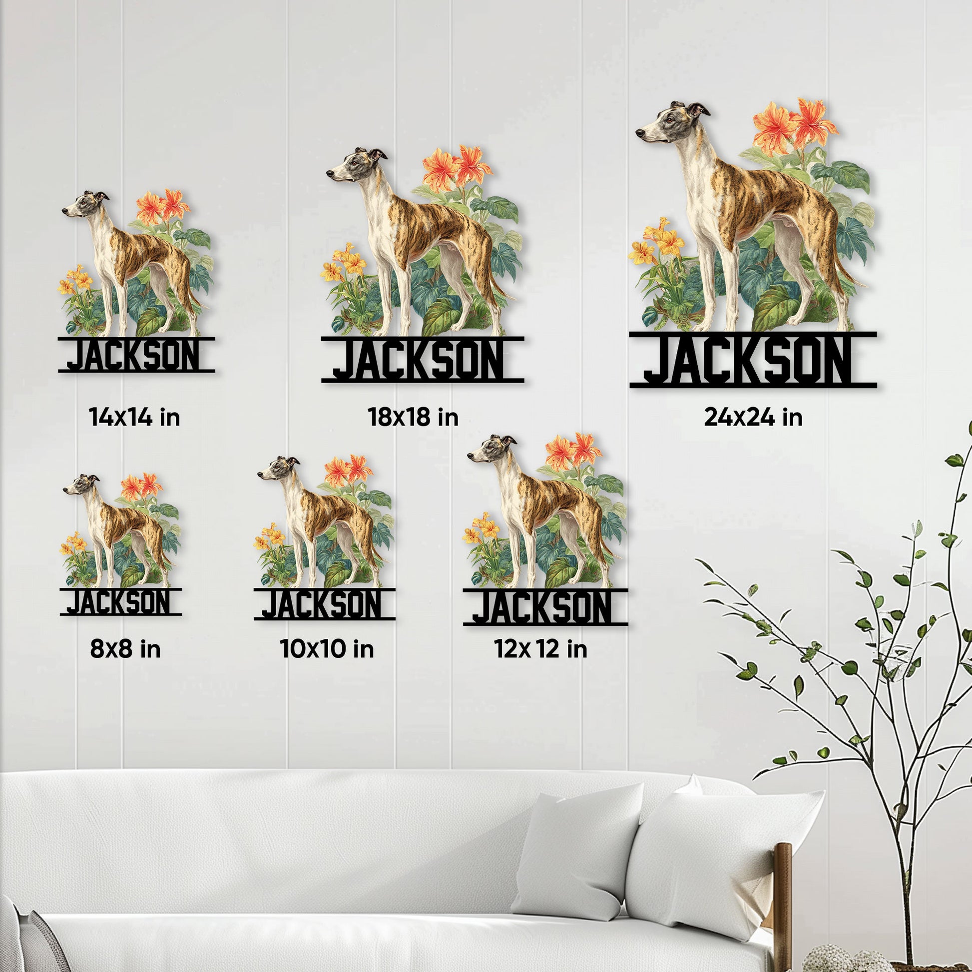 Greyhound metal sign size guide showing six square size options in a home interior setting