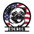 Custom pug metal sign featuring a cheerful black and white pug over an American flag design