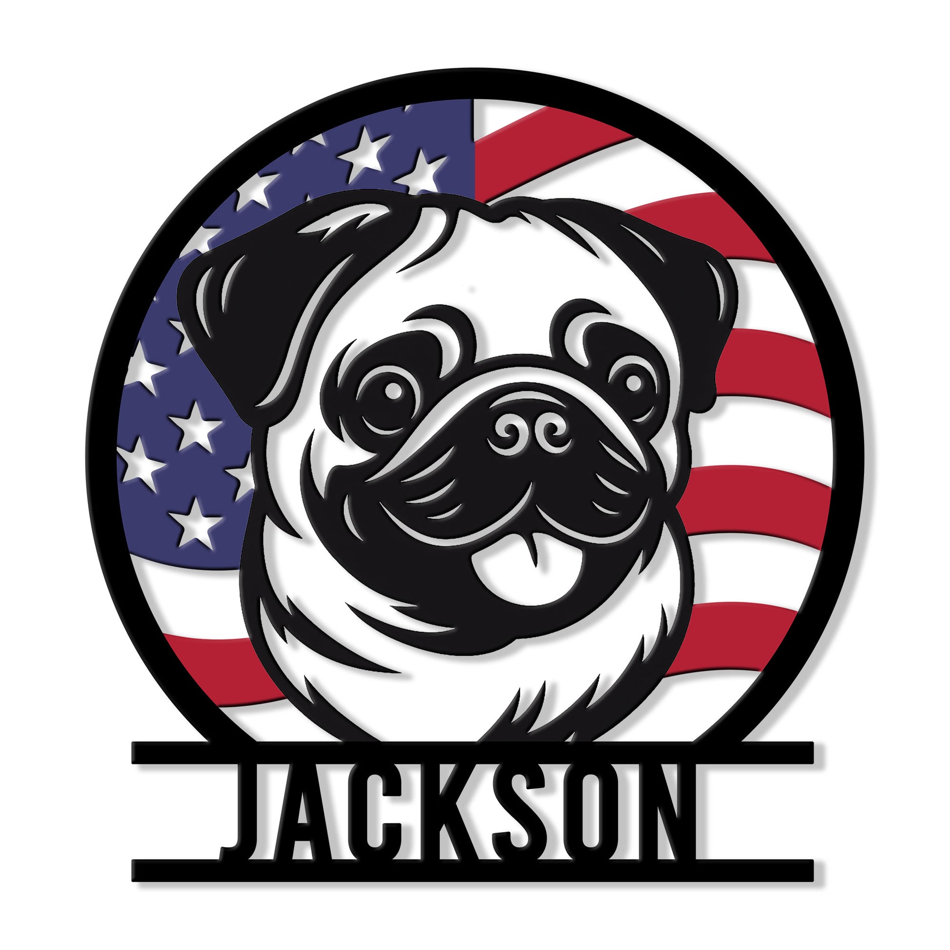 Custom pug metal sign featuring a cheerful black and white pug over an American flag design