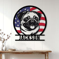 Patriotic pug metal wall sign displayed on a white paneled wall in a welcoming home
