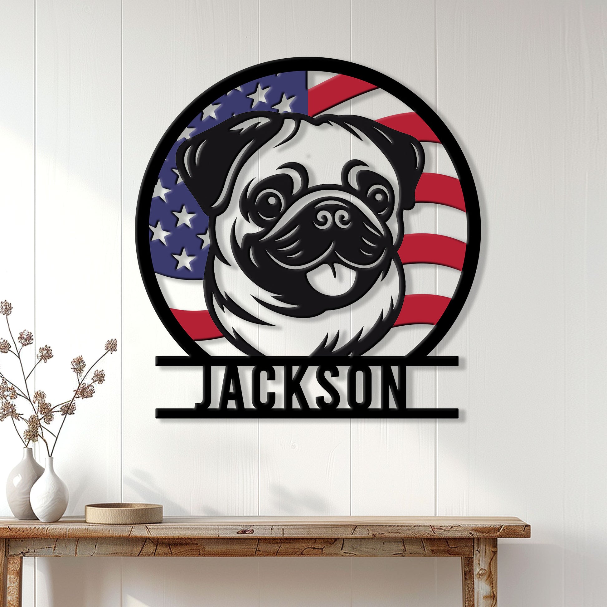 Patriotic pug metal wall sign displayed on a white paneled wall in a welcoming home