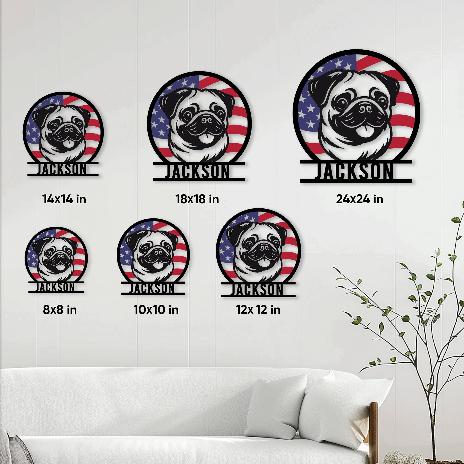 Pug metal sign size guide showing available square sizes from 8 by 8 to 24 by 24 inches