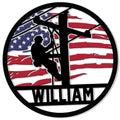 Round lineman metal sign featuring a utility pole climber silhouette over a distressed American flag