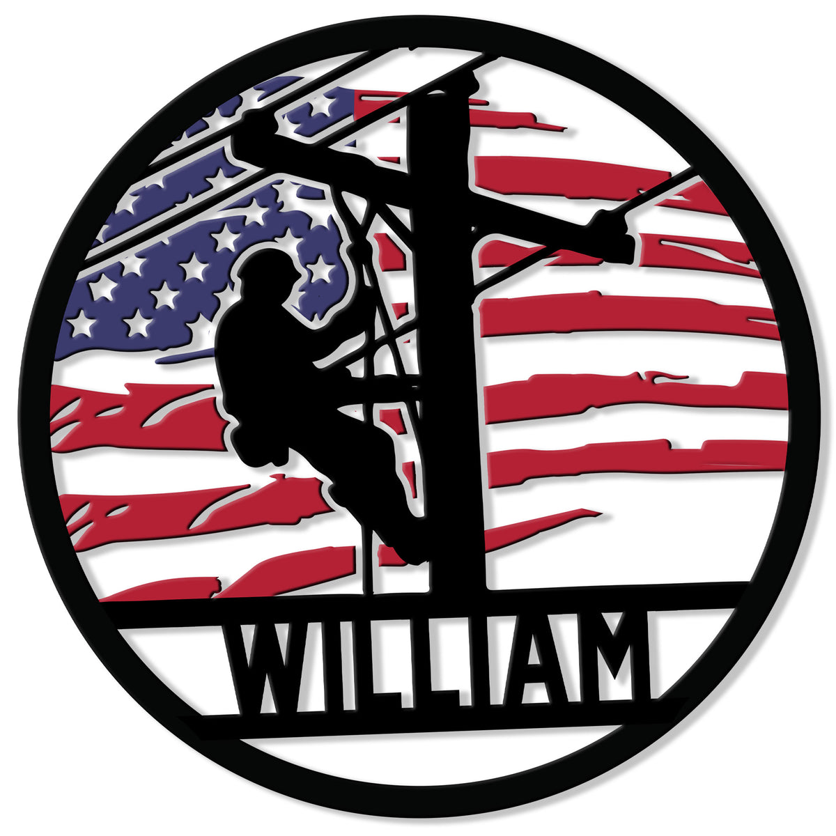 Round lineman metal sign featuring a utility pole climber silhouette over a distressed American flag