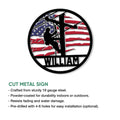 Lineman metal sign feature graphic showing the patriotic utility worker design and product presentation
