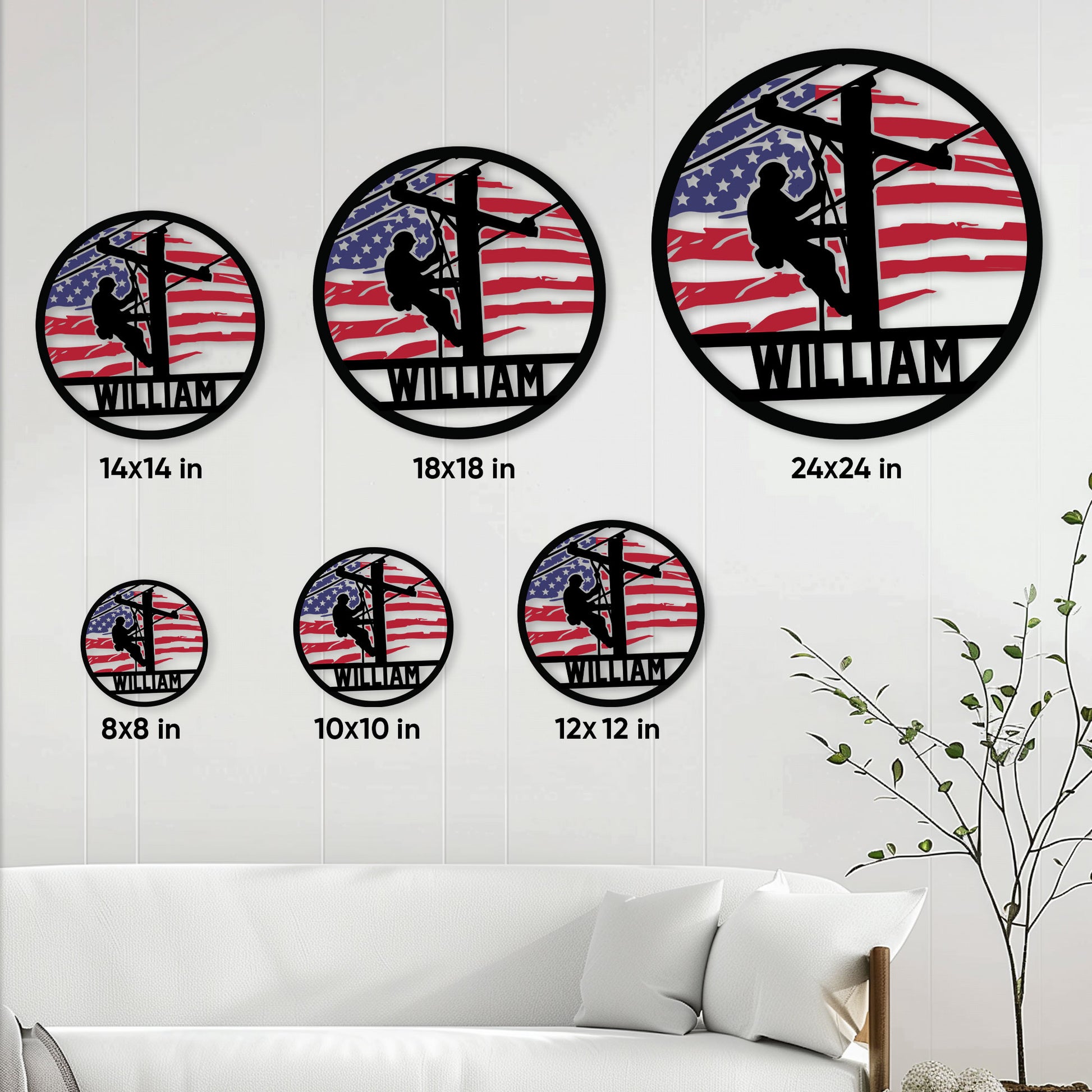 Lineman metal sign size guide showing round sign options from 8 by 8 to 24 by 24 inches