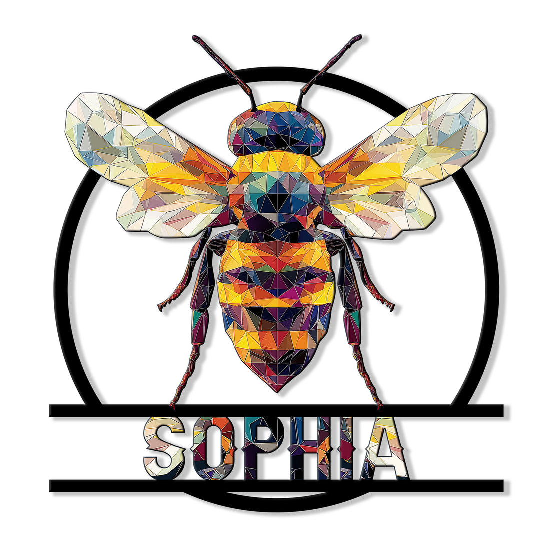 Colorful geometric bee metal sign with outstretched wings framed by a bold circular outline