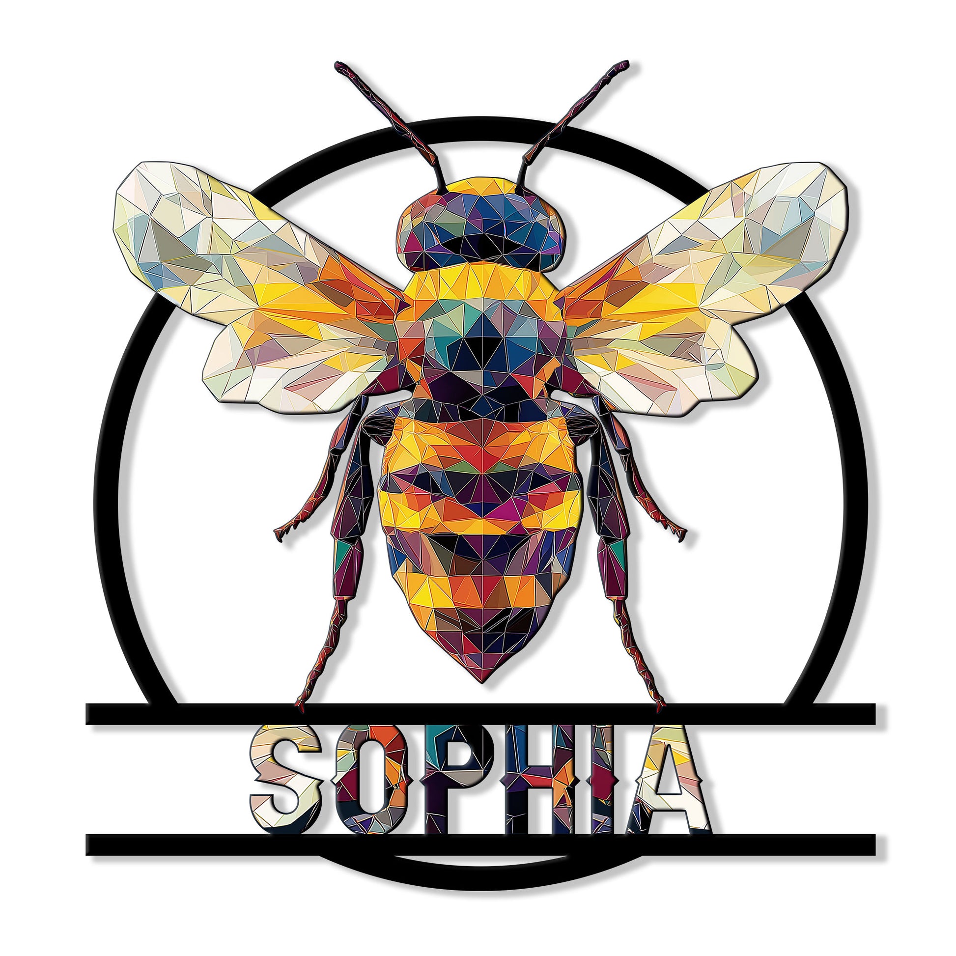 Colorful geometric bee metal sign with outstretched wings framed by a bold circular outline